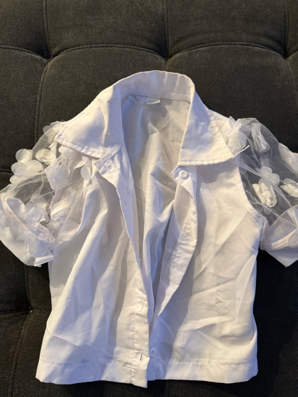 SHEIN White Girls' Button-Up Top with Sheer Floral Sleeves